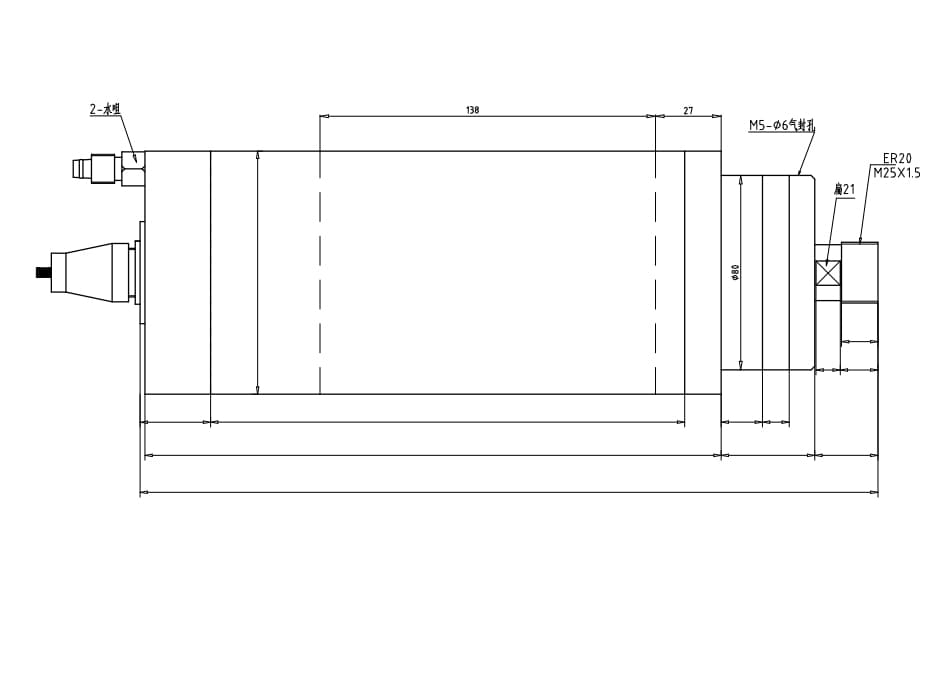 3.7kw ER20 GDZ-24-1C water-cooling spindle drawing