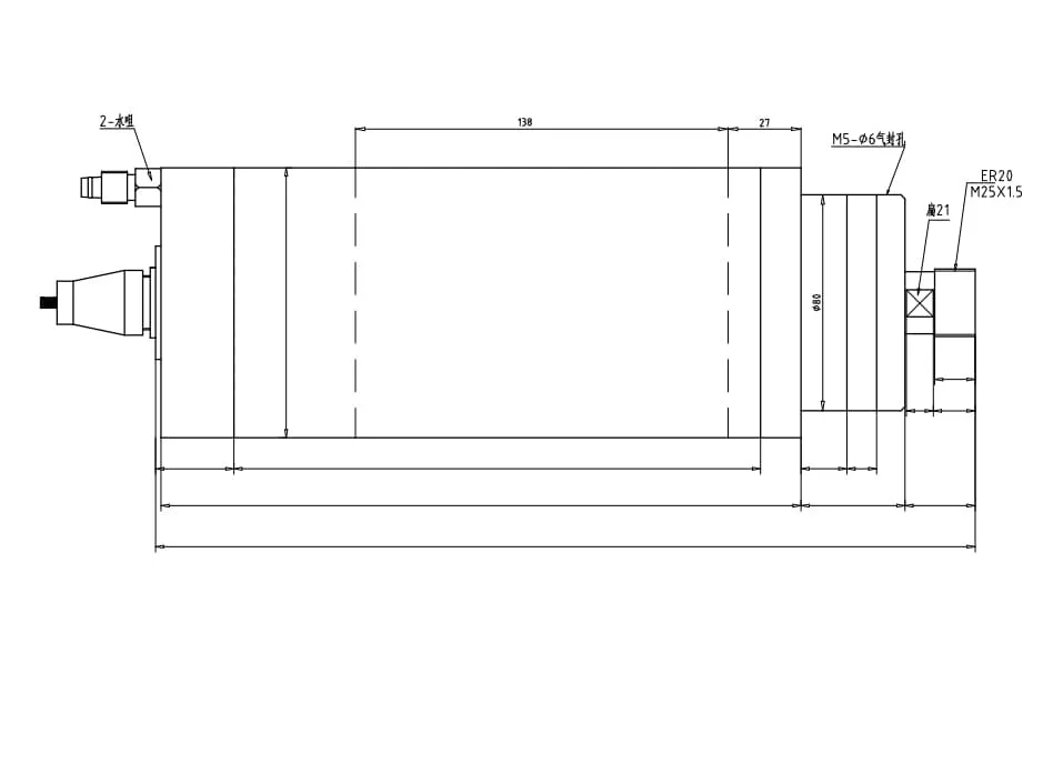 Dessin de broche de refroidissement par eau 3,7 kW ER20 GDZ-24-1C