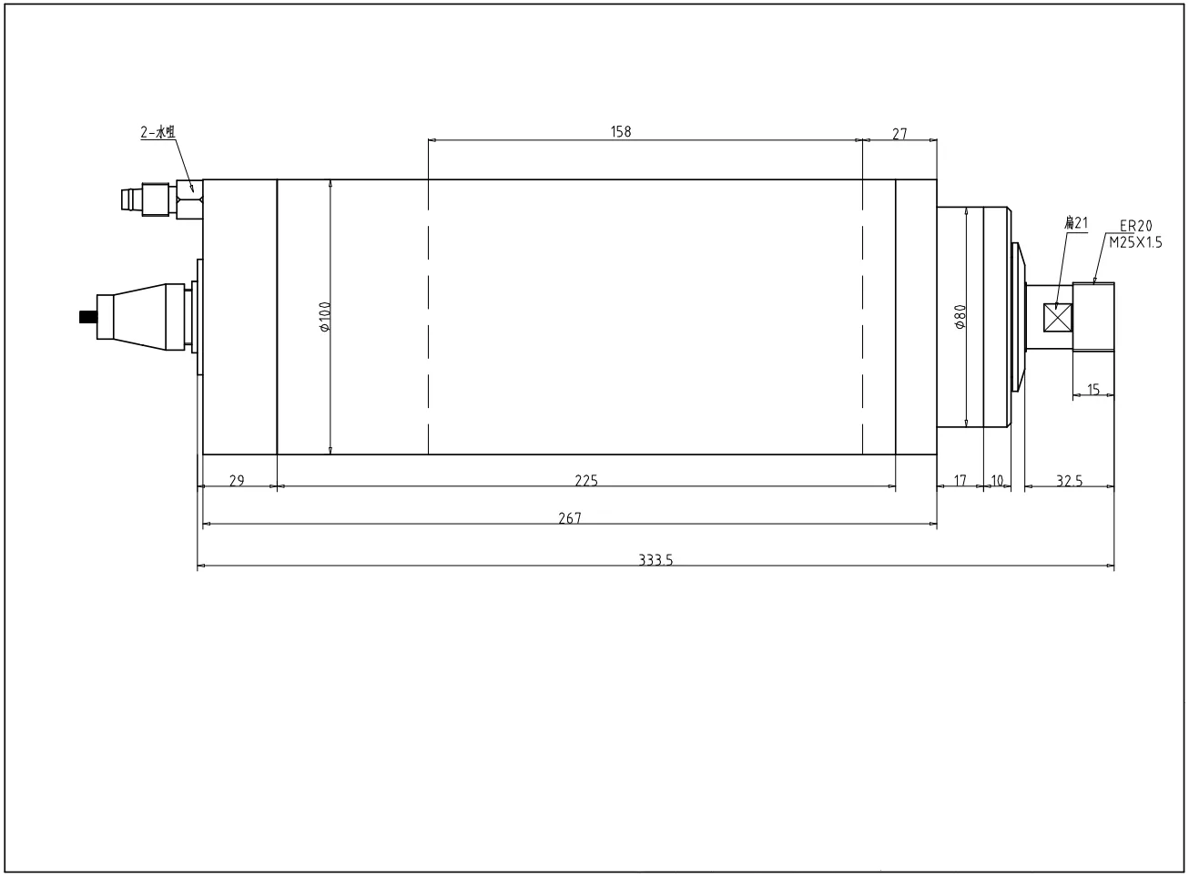 Disegno del mandrino raffreddato ad acqua ER20 GDZ-27-2 da 4,5 kW