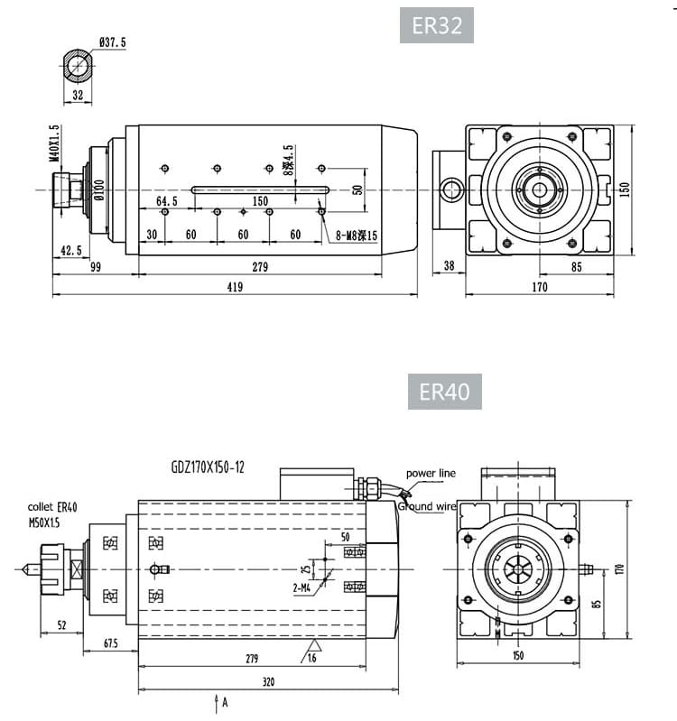 12kw ER32/ER40 GDZ170*150-12 luchtgekoelde spindel tekening