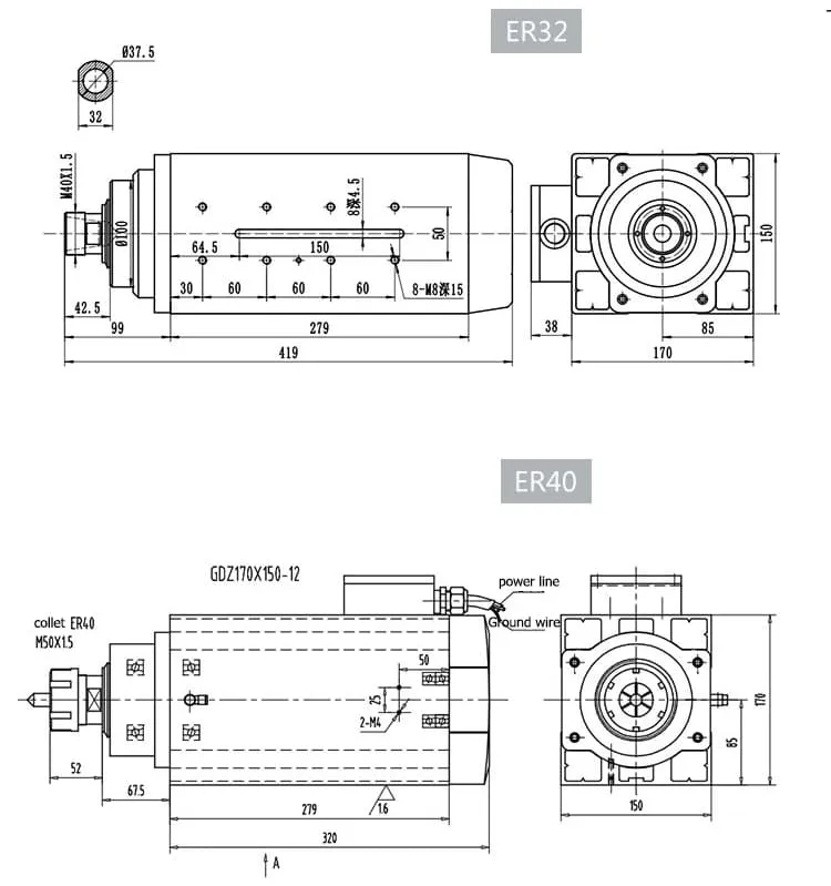 12kw ER32/ER40 GDZ170*150-12 luftgekühlte Spindelzeichnung