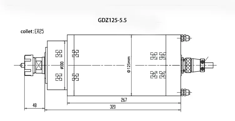 5,5 kW ER25 GDZ125-5,5 steenfrees watergekoelde spindel tekening