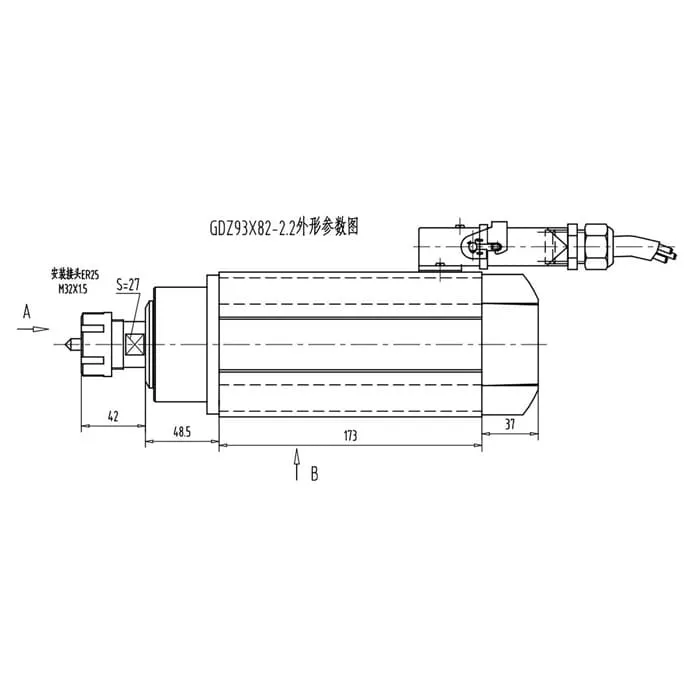 Dibujo de husillo de refrigeración por aire cuadrado de 2,2 KW GDZ93X82 de 2,2 KW