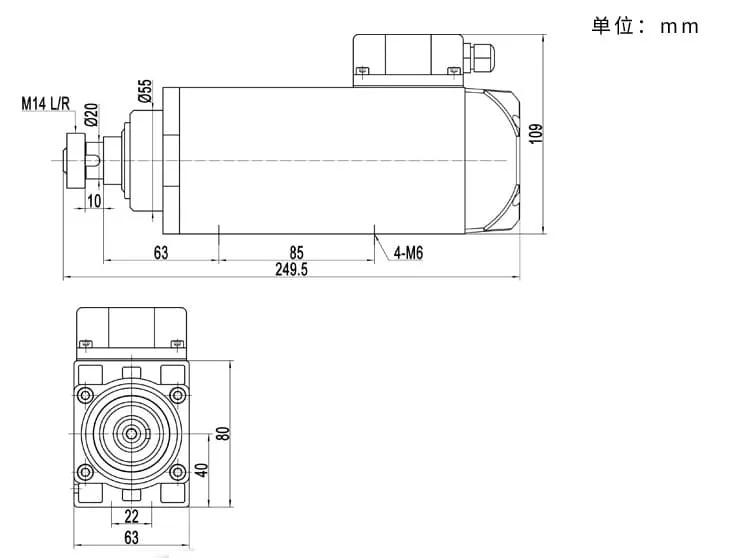 MJ35B-750H 0,75 kW 18000 giri/min Motore mandrino di rifilatura per bordatrice disegno