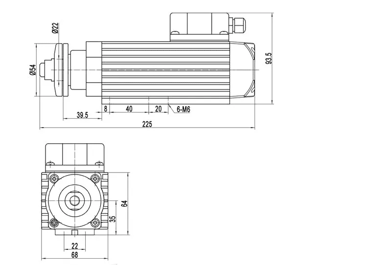 Dessin de broche de plaqueuse de chants pour moteur de coupe d'extrémité MJ35B-370 de 0,37 kW 12 000 tr/min