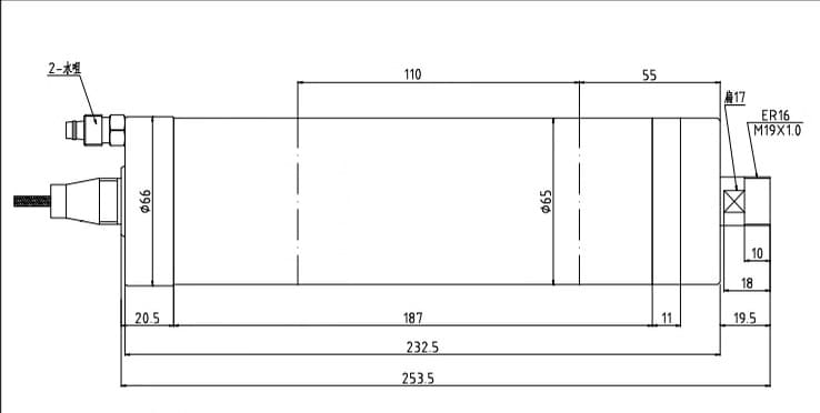 Disegno del mandrino raffreddato ad acqua ER16 GDZ-18B da 1,5 kW