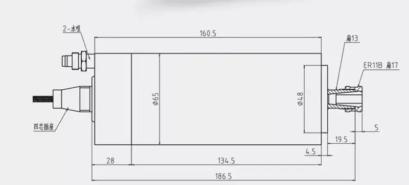 Disegno dettagliato del mandrino raffreddato ad acqua ER11 GDZ-15 da 800 W