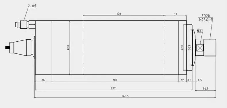 Desenho do fuso de refrigeração a água ER20 GDZ-23 de 2,2 kW